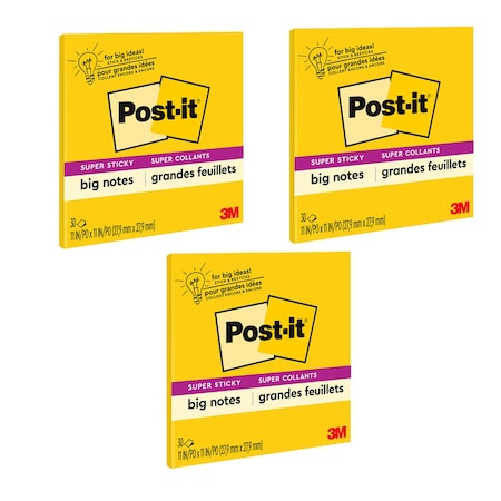 Post-It Super Sticky Big Note, 11 in. x 11 in., Yellow, 30 Sheets/Pad, 3PK 7100160818
